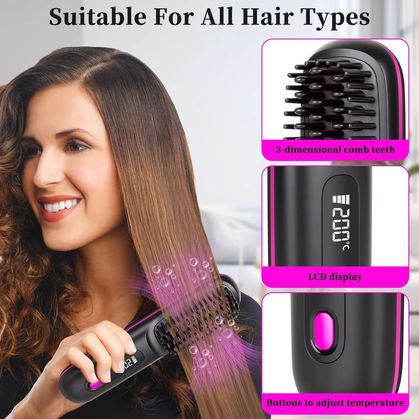 USB Charging Portable Hair Straightener Brush